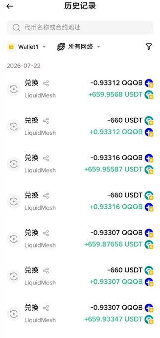 Mobile app screenshot showing transaction history (历史记录) in Chinese, listing multiple '兑换' (exchange) transactions via LiquidMesh on 2026-07-22, with swaps between USDT and QQQB tokens from Wallet1.