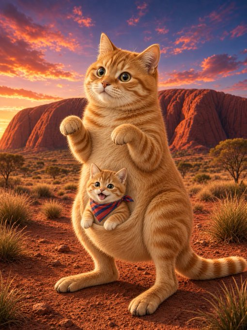 A digital illustration shows an orange tabby cat standing on its hind legs in a desert landscape at sunset, with a smaller kitten peeking out from a pouch on its belly.
