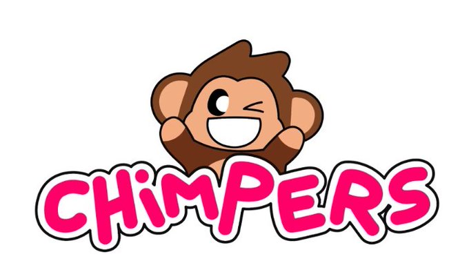 A logo featuring a cheerful cartoon monkey giving a thumbs up above the pink stylized text 'CHIMPERS'.