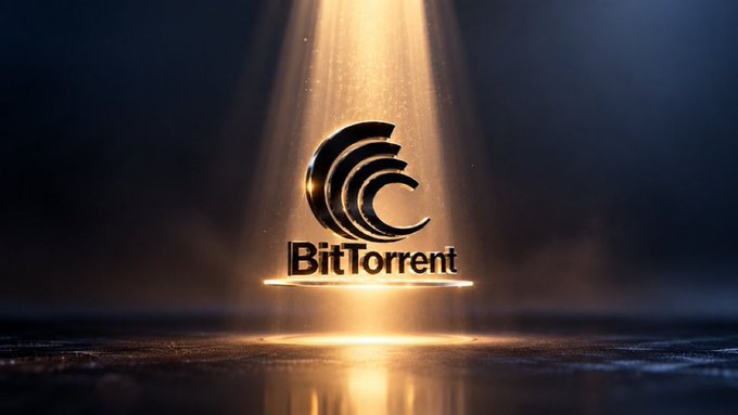 A 3D-rendered logo for BitTorrent featuring a stylized wave emblem, illuminated by dramatic spotlight lighting on a reflective dark surface.