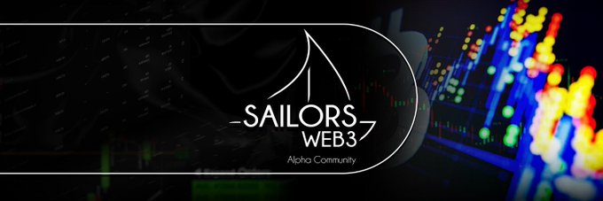The image shows a banner for "SAILORS WEB3 Alpha Community" with a sailboat logo, set against a background of colorful financial candlestick charts. The nautical branding aligns with the post's theme of "Sailors" keeping watch on emerging NFT projects building around Robinhood, including @SuitsOnHood, @Divergents_eth, and @ComboX_World.