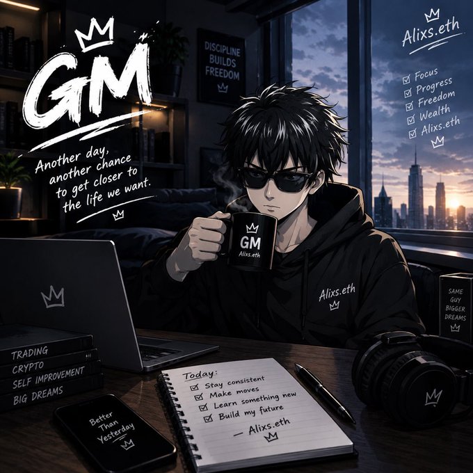 An anime-style motivational poster featuring a dark-haired character in sunglasses drinking from a 'GM Alixs.eth' mug, with text 'GM — Another day, another chance to get closer to the life we want' and a checklist of goals like Focus, Progress, Freedom, and Wealth.