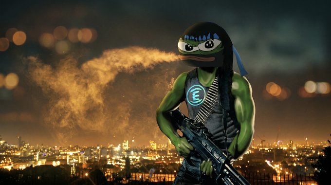 A Pepe the Frog character wearing a blue ninja-style headband and tactical vest with a glowing "Fantom" (FTM) logo holds a smoking assault rifle against a nighttime city skyline. The militant Pepe imagery and Fantom logo tie directly into the post's nostalgic reference to FTM, framing early Fantom holders as battle-tested veterans who survived the trenches.