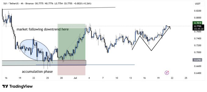 A TradingView chart of SUI / TetherUS on Binance showing price action with annotations marking an 'accumulation phase,' a 'market following downtrend here' zone, and a circled bear market area.