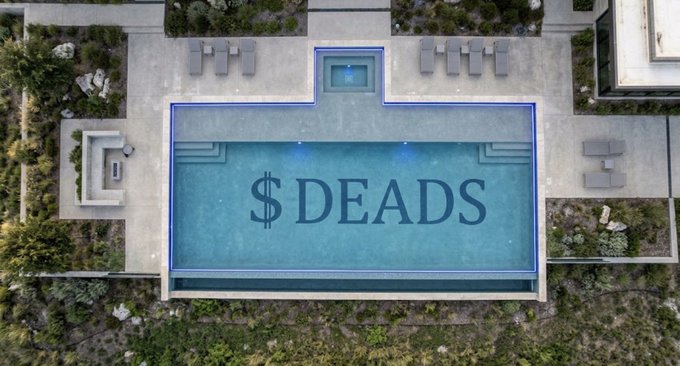An aerial view of a luxurious backyard features a large rectangular swimming pool with "$DEADS" text displayed prominently on the pool floor, surrounded by lounge chairs and landscaping.