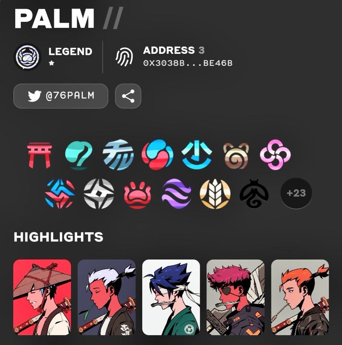 A profile page displaying the username "PALM" with a "LEGEND" rank, an Address 3 wallet (0X3038B...BE46B), Twitter handle @76PALM, and a collection of colorful NFT icons alongside character highlight thumbnails, celebrating the user's achievement of Legend status in the Azuki community.