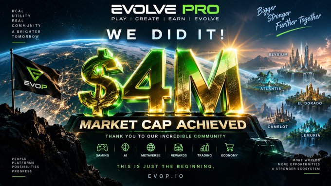 A promotional graphic for 'EVOLVE PRO' celebrating '$4M MARKET CAP ACHIEVED' with text 'WE DID IT!', 'PLAY | CREATE | EARN | EVOLVE', and 'Bigger Stronger Further Together', featuring a flag with the EVOP logo and various fantasy city names.