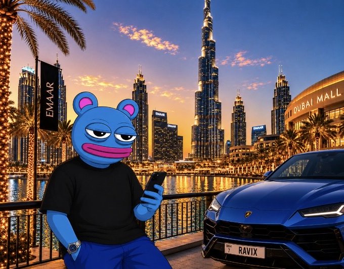 An AI-generated image shows a blue cartoon frog character looking at a smartphone next to a blue Lamborghini with the license plate 'RAVIX', set against the Dubai skyline featuring the Burj Khalifa and Dubai Mall.