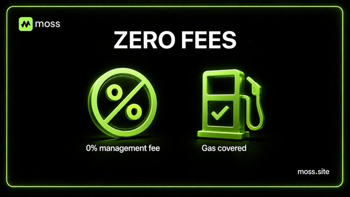 Moss advertisement with text 'ZERO FEES', showing icons for '0% management fee' and 'Gas covered' at moss.site.