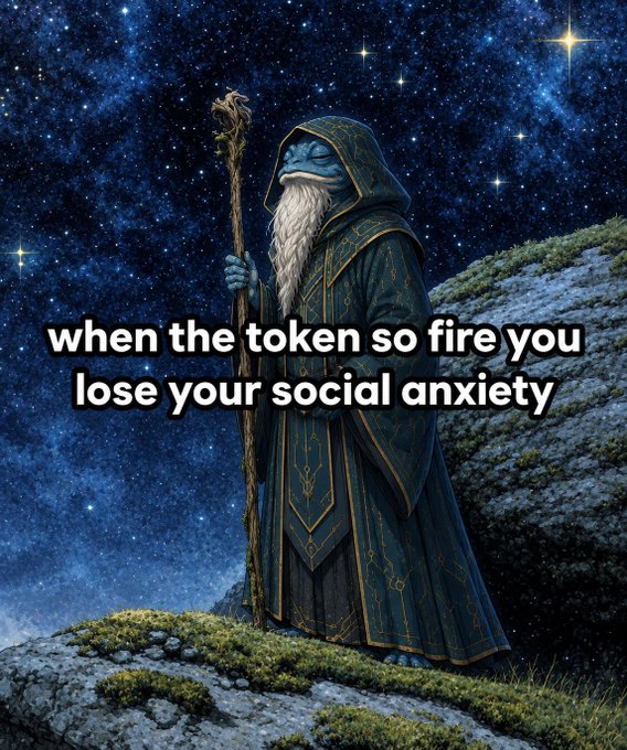 A fantasy illustration shows a blue-skinned wizard in starry robes holding a staff against a starry night sky, overlaid with the text 'when the token so fire you lose your social anxiety'.