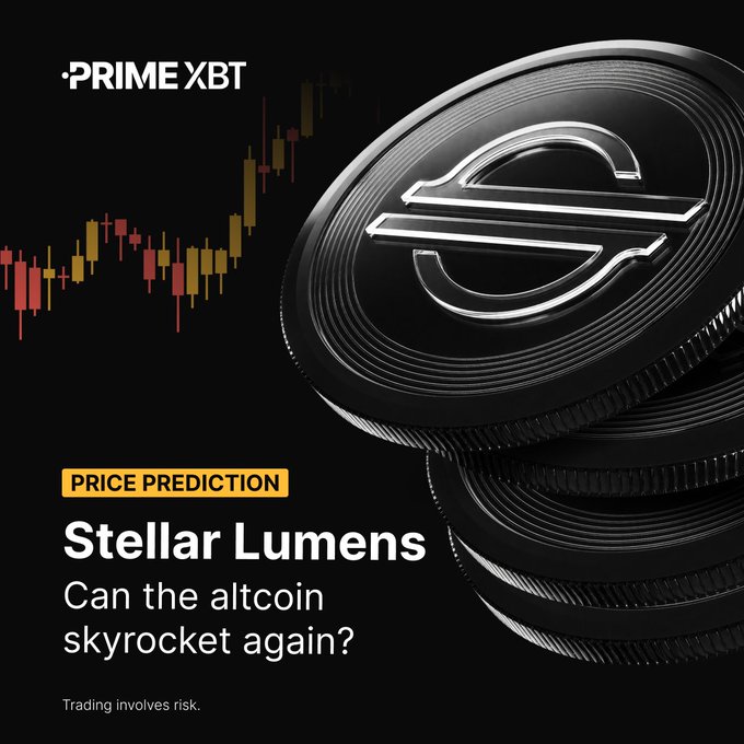 A PrimeXBT advertisement asks 'Stellar Lumens: Can the altcoin skyrocket again?' alongside stacked black Stellar coins and a price chart.