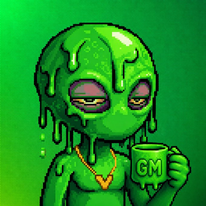 The image features a green alien character with googly eyes, holding a cup of liquid that appears to be coffee or tea. The alien has a gold chain around its neck and a gold necklace, giving it an otherworldly appearance. The background is a gradient of green, which complements the alien's color scheme. The post reads "Gm z", indicating that this image was created by someone named GM.
