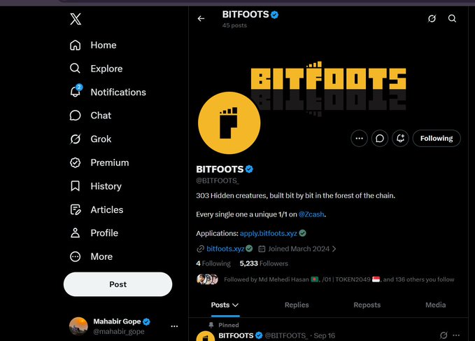 A Twitter/X profile page for the verified account "BITFOOTS" (@BITFOOTS), describing "303 Hidden creatures" and listing "apply.bitfoots.xyz" as their application.