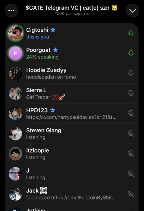 A screenshot of a Telegram voice chat titled "$CATE Telegram VC | cat(e) szn 🐱" shows a 1000-participant group call featuring users like Cigtoshi, Poorgat (24% speaking), Hoodie Zuedyy, Sierra L, and HPD123, with several members actively listening—visually confirming the lively community engagement referenced in the post about $CATE bringing new traders into the trenches.