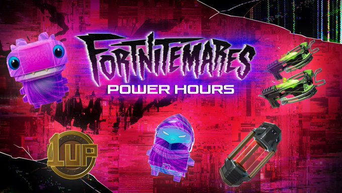 Promotional graphic for "Fortnitemares Power Hours" featuring in-game items like the Bounty Hunter Sprite, Dual Fiend Hunters crossbows, and a slurp consumable against a pink/purple glitchy background, advertising the October 3 event with two rounds starting at 2 PM ET and 9 PM ET.