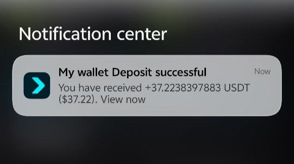 A notification center shows an alert reading "My wallet Deposit successful" with the message "You have received +37.2238397883 USDT ($37.22). View now," corroborating the poster's claim of receiving another small payment, presumably a Web3 or crypto-related earnings notification.