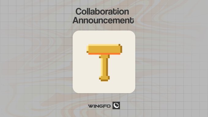 A pixelated golden hammer icon appears on a white rounded square with "Collaboration Announcement" text above and the "WINGFO" logo below, set against a marbled beige background with grid lines, visually representing the announcement of Wingfo's collaboration with TheSmithLabs.