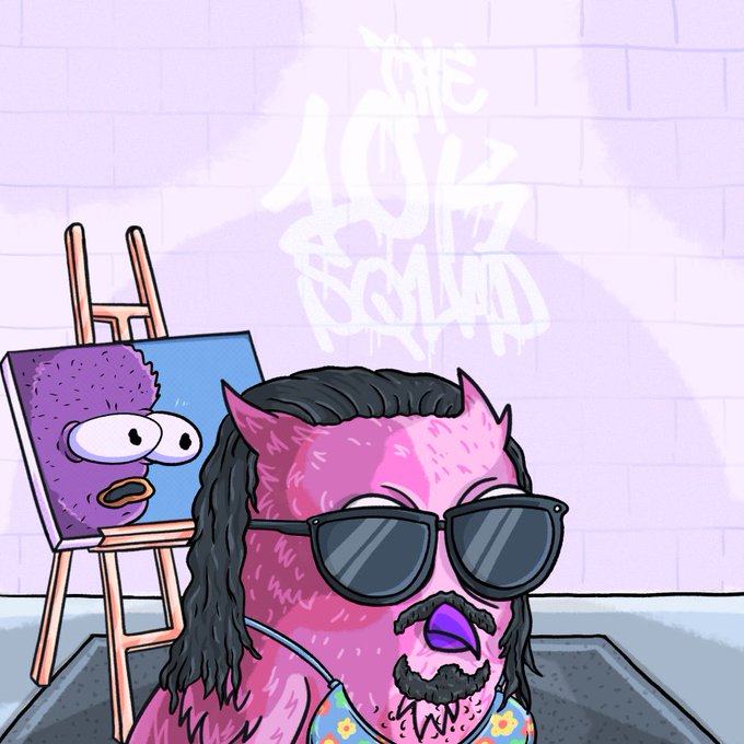 The image portrays an anthropomorphic pig resembling "The 10k Squad," a community referenced in the post. The humorous pig character, with its sunglasses and confident demeanor, appears to be a piece of art celebrated by community members for its creativity and as a significant symbol within the digital art and NFT sphere that it represents.