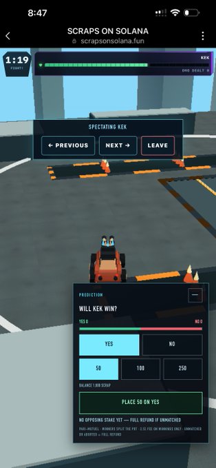 A mobile screenshot of 'SCRAPS ON SOLANA' (scrapsonlana.fun) shows a 3D vehicle combat game with a betting interface prompting 'WILL KEK WIN?' where the user has placed 50 on YES with a balance of 1.889 USKaY.