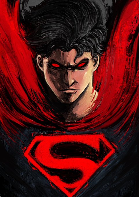 A dramatic comic-style illustration of Superman with glowing red eyes, dark messy hair, and a flowing red cape, set against a black background with the iconic 'S' shield prominently displayed on his chest.