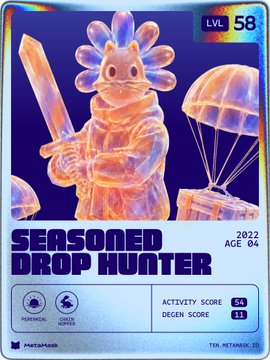 A holographic trading card labeled "SEASONED DROP HUNTER" at LVL 58, dated 2022, features a knight-like figure wearing a daisy-shaped helmet and wielding a sword alongside a parachute.