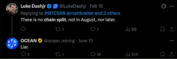 A screenshot of a Twitter/X exchange where Luke Dashjr (@LukeDashjr) replies 'There is no chain split, not in August, nor later,' receiving a 'Liar.' response from OCEAN (@ocean_mining).
