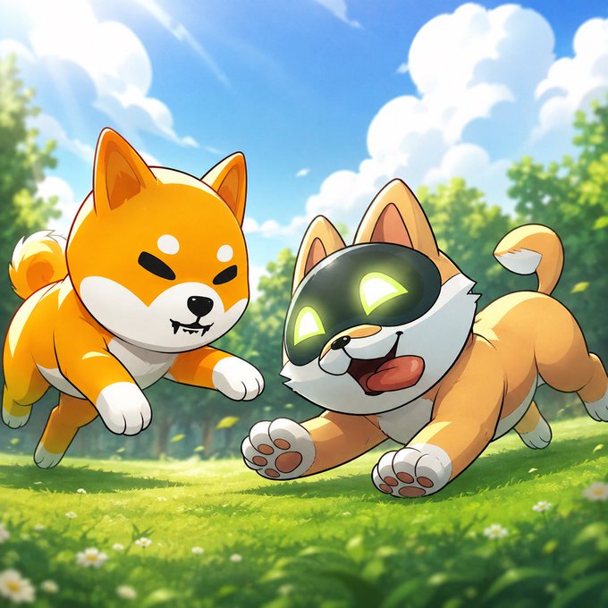 An illustration of two cartoon Shiba Inu dogs, one wearing a black mask with glowing yellow eyes, playfully chasing each other through a grassy field.