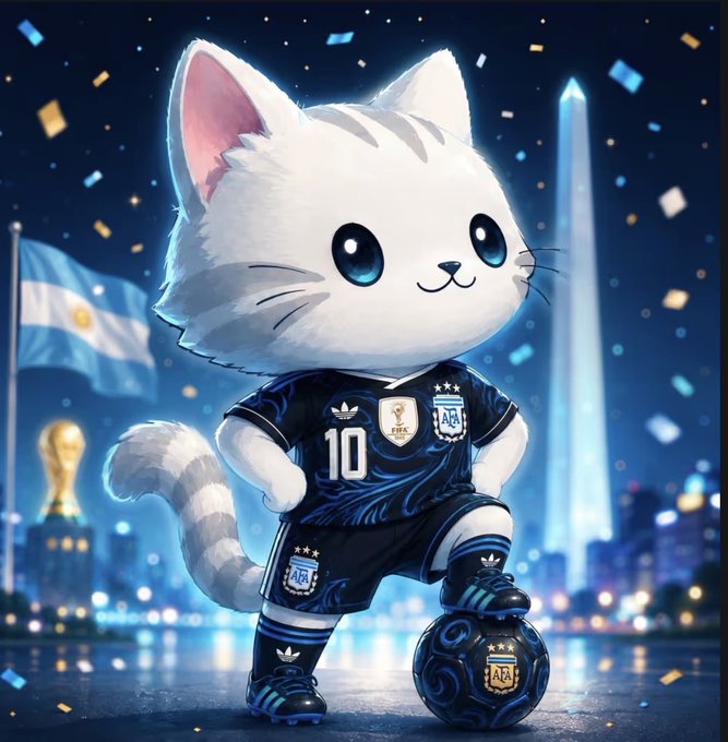 The image features a cartoon cat wearing a soccer uniform and standing next to a soccer ball. The cat appears to be posing for the photo while holding the soccer ball. The background of the image includes a city skyline, which adds context to the scene. The caption at the bottom of the image reads "Supporting creative one of the $HYPE nft creator @MixemaCrypto so lucky to get argentina, especially with number 10 on it Vamos!".