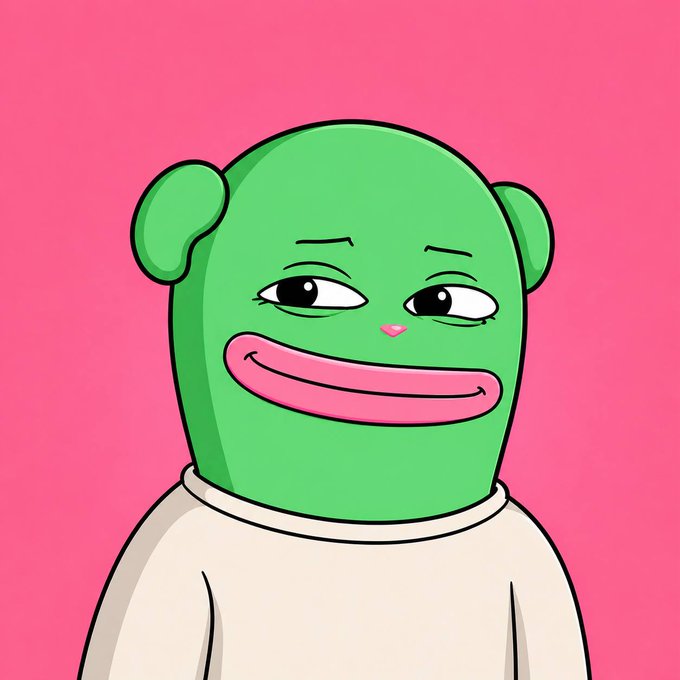 A cartoon illustration of a green bear-like Pepe character with a smug, smiling expression against a pink background.