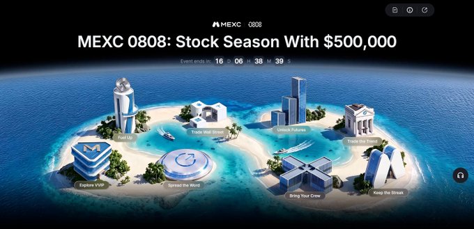 A promotional graphic for MEXC's "0808" event titled "Stock Season With $500,000" features an island map with various stations labeled "Fuel Up," "Trade Real Stocks," "Unlock Futures," "Trade the Trend," "Explore VVV," "Spread the Word," "Briny Your Crew," and "Keep the Streak," with a countdown timer showing 16 days, 06 hours, 38 minutes, and 39.5 seconds remaining. The image visually aligns with the post by highlighting MEXC's 0-fee trading campaign for stock futures, tokenized stocks, and realstocks, reinforcing the promotional push to attract users with fee-free stock trading options.
