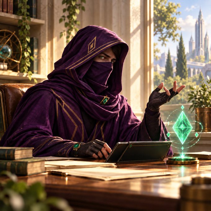 An illustration of a hooded figure in purple robes sitting at a desk, using a laptop, with a glowing green gem nearby.