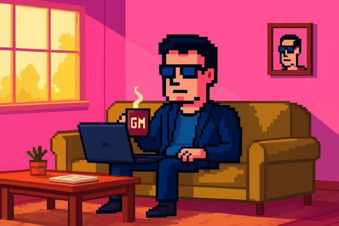 A pixel-art style image of a man in sunglasses sitting on a couch with a laptop, holding a coffee mug labeled 'GM', with a framed portrait on the wall