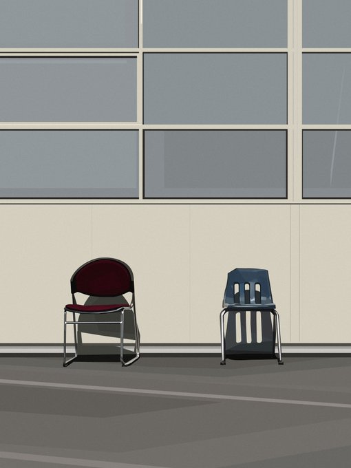 An illustration of two empty chairs against a paneled wall with gray windows: a burgundy padded folding chair on the left and a blue plastic school chair on the right, sitting on a gray surface.