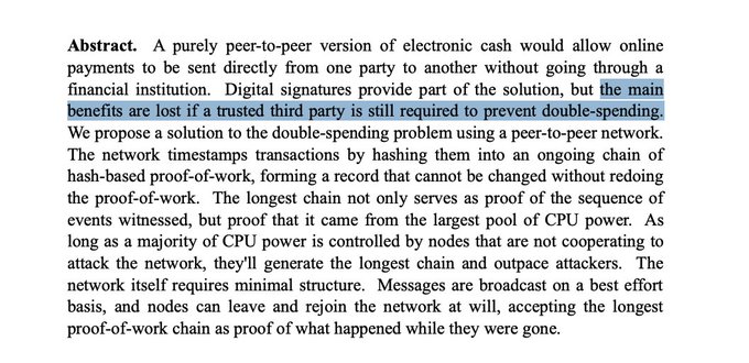 An excerpt of text starting with "Abstract." describing the proposal of a peer-to-peer electronic cash system using a network of timestamps and proof-of-work to prevent double-spending, with the phrase "but the main benefits are lost if a trusted third party is still required to prevent double-spending" highlighted in blue.