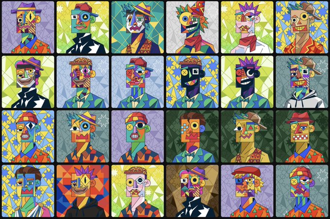 A colorful grid of 24 abstract, cubist-style portraits featuring various faces with hats, masks, and geometric features against patterned backgrounds.