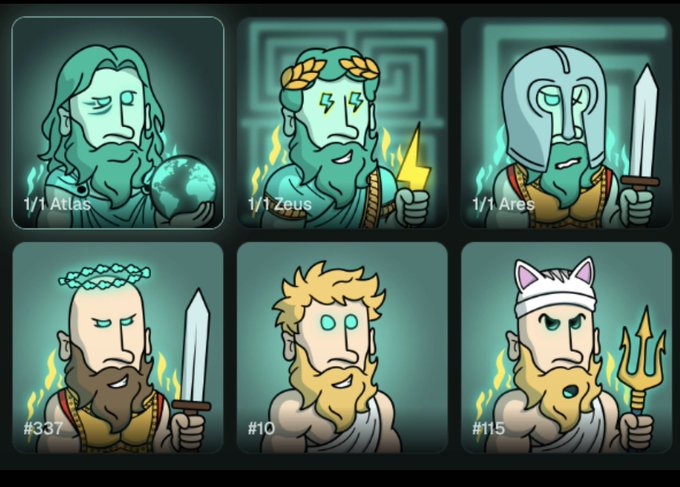 A 2x3 grid of cartoon Greek god NFT avatars including Atlas (1/1), Zeus (1/1), Ares (1/1), and numbered variants #337, #10, and #15.