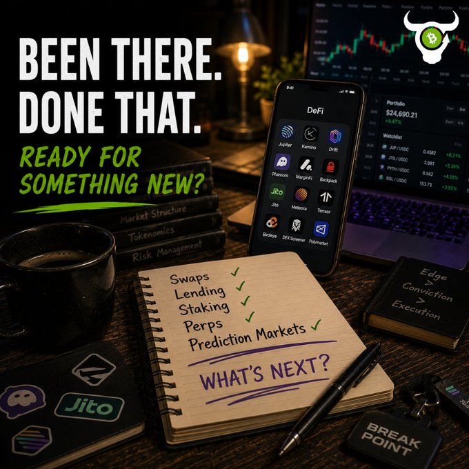 A DeFi-themed promotional graphic with the text "BEEN THERE. DONE THAT. READY FOR SOMETHING NEW?" featuring a phone displaying crypto apps, a checklist of DeFi activities, and a "Break Point" notebook.