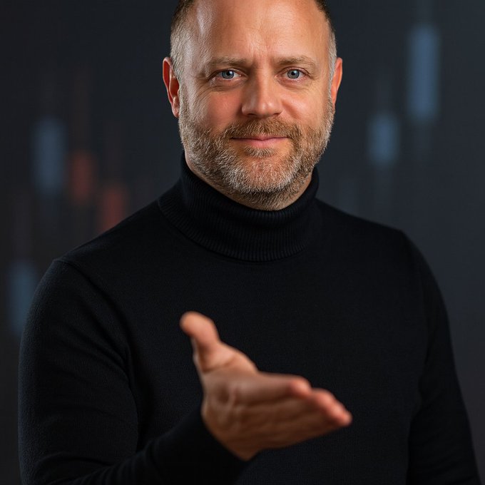 A portrait of a smiling bearded man in a black turtleneck, extending his hand forward as if offering a handshake.