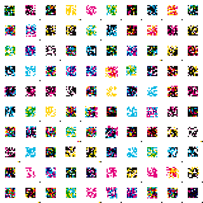 A grid of colorful pixel art icons displaying various small designs in multiple rows.