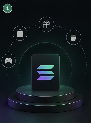 Digital illustration showing a central Solana logo block on a pedestal surrounded by icons representing shopping bags, gift boxes, coffee, and gaming controllers.