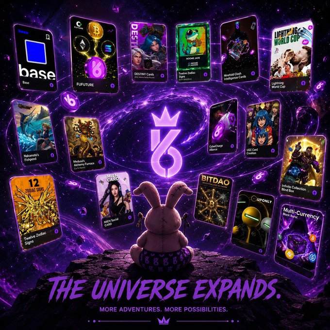 A promotional graphic featuring a stitched rabbit doll sitting before a glowing purple portal with NFT card collections floating around it, captioned "THE UNIVERSE EXPANDS. MORE ADVENTURES. MORE POSSIBILITIES."