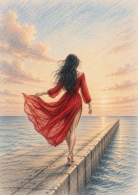 A pencil-style colored drawing of a woman in a flowing red dress walking barefoot along a stone pier toward the sunset over the ocean.