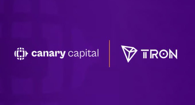 A purple background graphic showing the logos 'canary capital' and 'TRON' separated by a vertical line, indicating a partnership between the two entities.