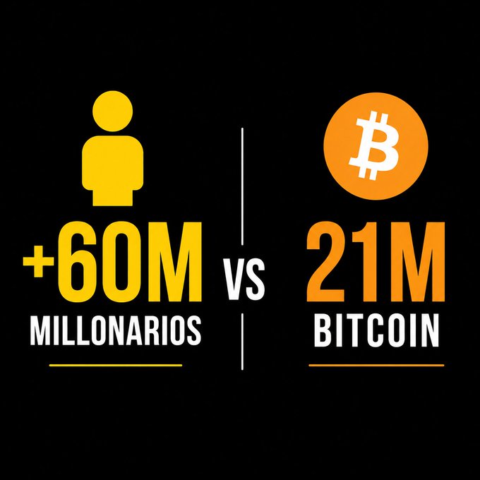 Infographic comparing "+60M MILLONARIOS" with a yellow figure icon to "21M BITCOIN" with the Bitcoin logo on a black background.