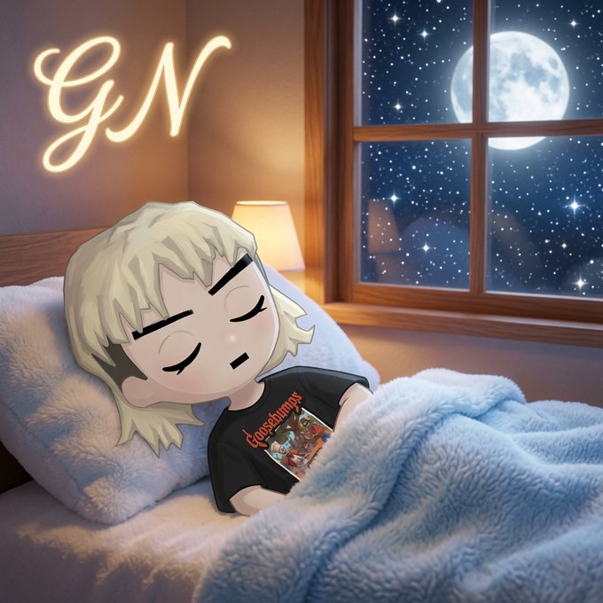A digital illustration of an anime-style character sleeping peacefully in a bed under a blue blanket, holding a 'Crossshrimps' t-shirt, with a lit bedside lamp and a window showing a full moon and starry night sky; the letters 'GN' (good night) glow on the wall.