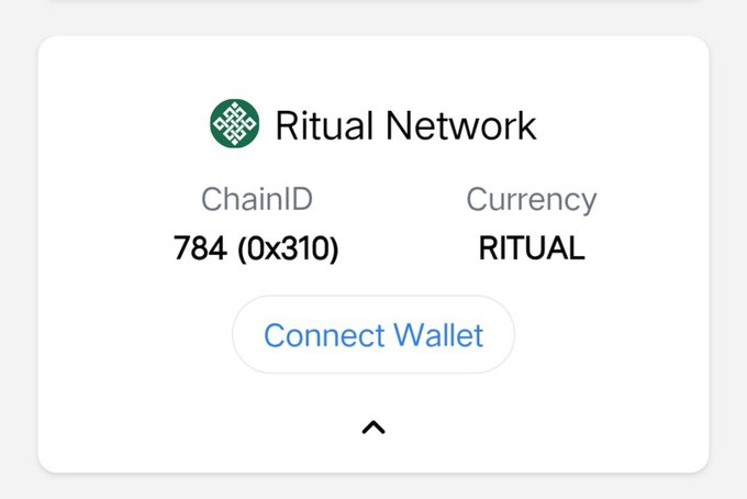 A digital interface card for Ritual Network showing ChainID 784 (0x310) and Currency RITUAL, with a blue Connect Wallet button.