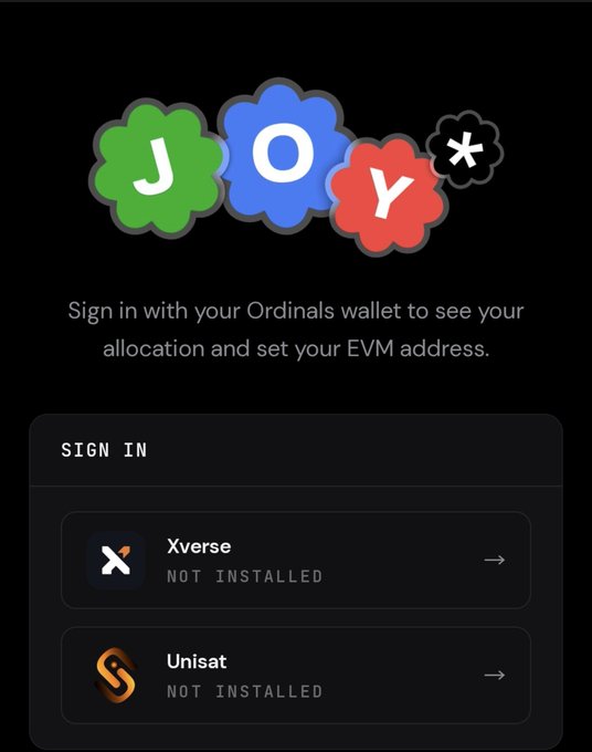 The image shows a sign-in page for the **$JOY** token airdrop, displaying options to connect via **Xverse** or **Unisat** Ordinals wallets (both marked as "NOT INSTALLED") to view allocation and set an EVM address. This connects to the post's announcement that users who held Ordinals inscriptions or Runes in August and December 2025 are eligible to claim the $JOY airdrop by submitting their ETH address.