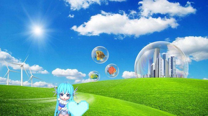 A whimsical digital illustration featuring an anime-style character with blue hair holding a pixel heart in a green field with wind turbines, floating fish in bubbles, and a cityscape contained within a large bubble under a sunny sky.