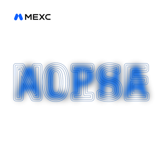 The image features the MEXC logo in the top left corner with the word "NOISE" displayed prominently in large, glowing blue outlined letters against a white background, visually emphasizing the post's message about finding hidden alpha ("signal") beneath the market noise.