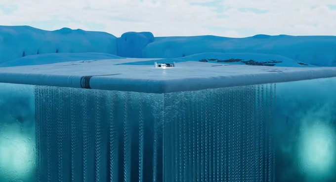 A surreal digital artwork showing a white car driving on a floating blue iceberg over a vast blue ocean, with streams of data or water cascading down into the depths below.